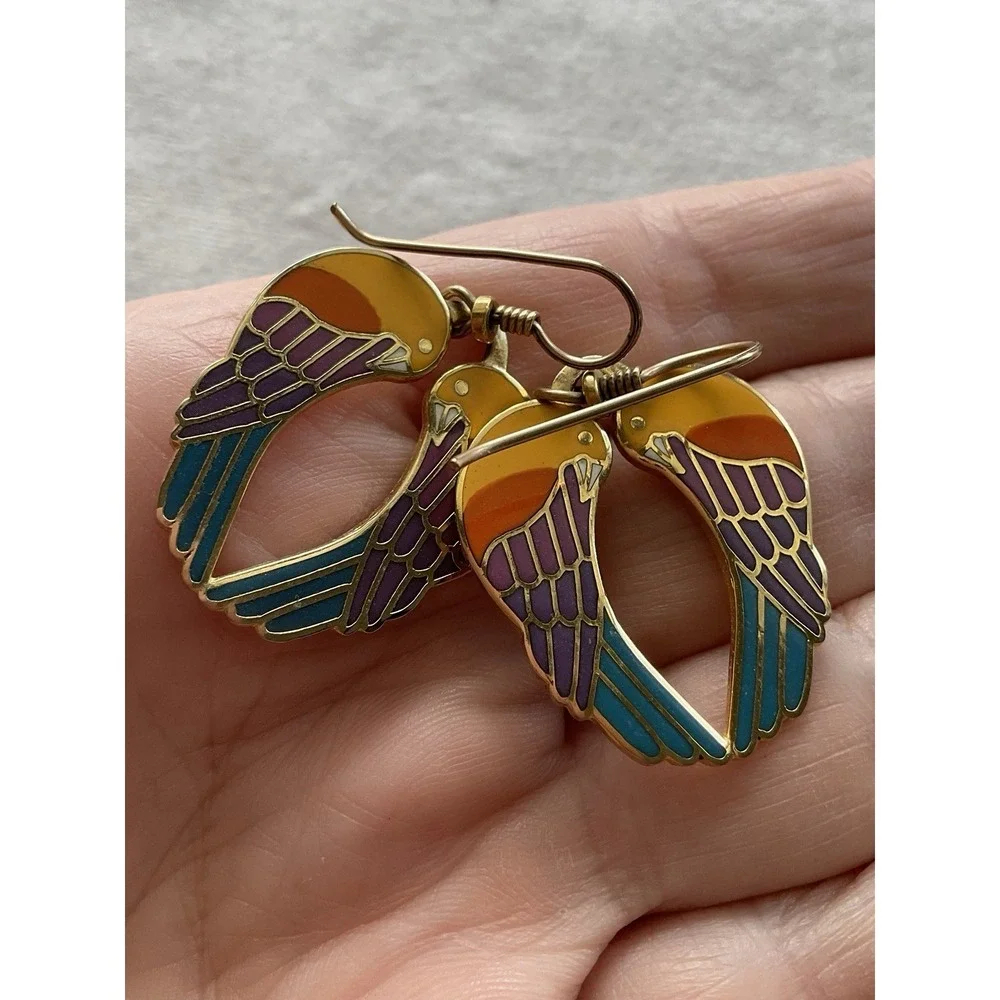 vintage Laurel Burch Signed Dangle earrings Enamel Love Bird Estate Jewelry - Picture 3 of 7